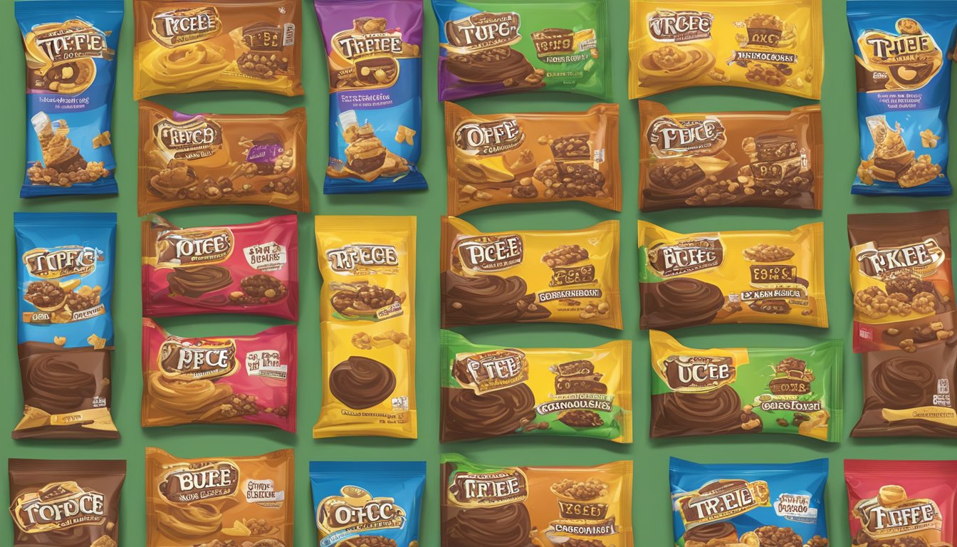 A colorful display of 15 Buc-ee's Triple Chocolate Toffee snacks, arranged in an appealing manner to fuel a workout