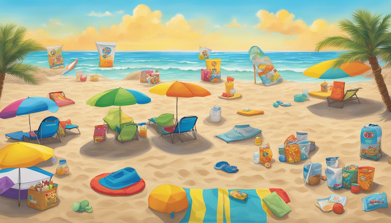 A bright, sandy beach with a colorful Buc-ee's portable beach towel laid out next to a collection of 13 Buc-ee's beach items, including sunscreen, a beach ball, and a cooler