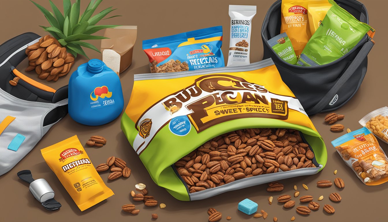 A bag of Buc-ee's Sweet & Spicy Pecans surrounded by various workout snacks and fitness gear on a gym bench