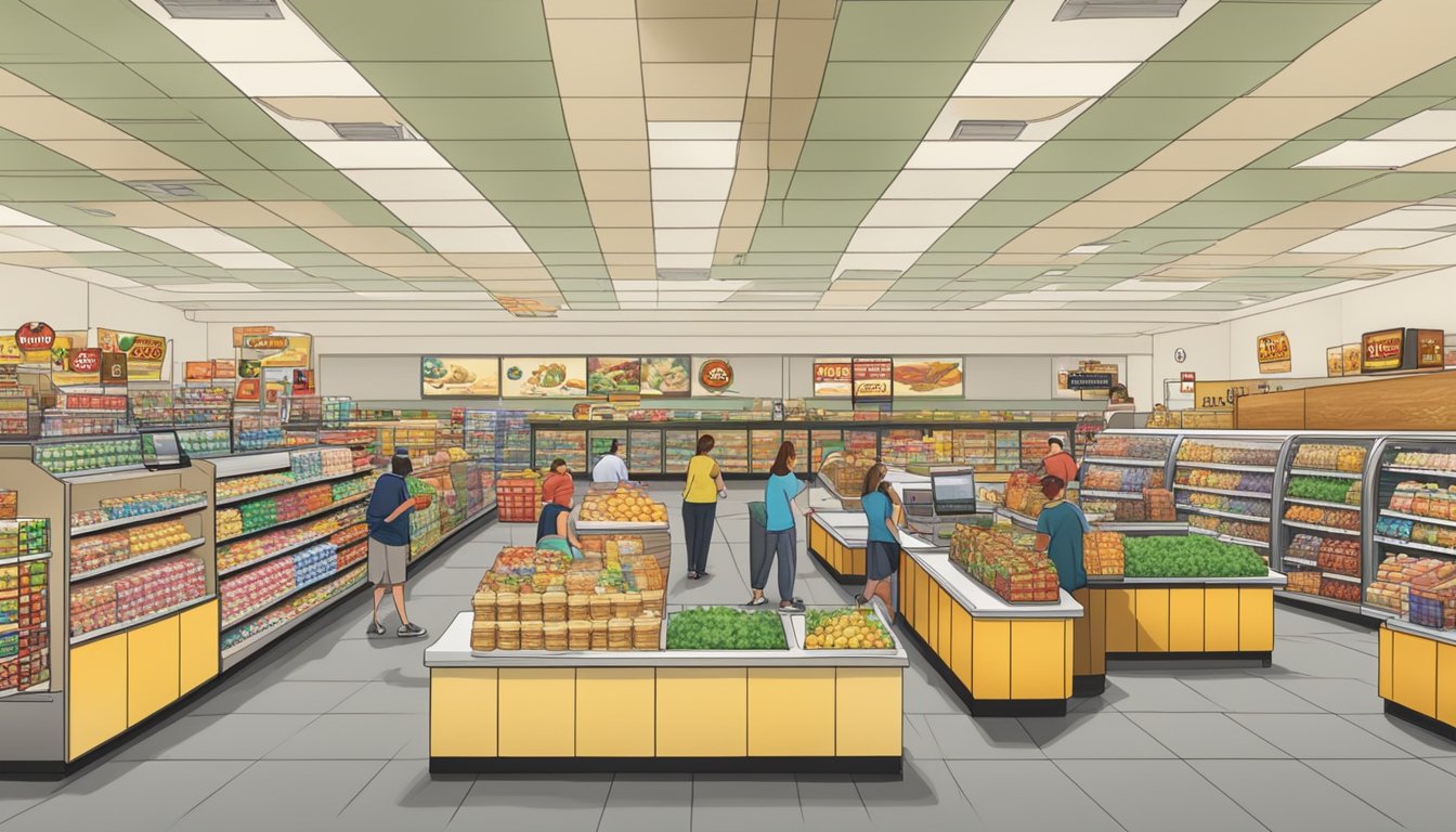 A busy Buc-ee's rest stop with multiple checkout lanes, shelves stocked with snacks, and customers moving efficiently through the store