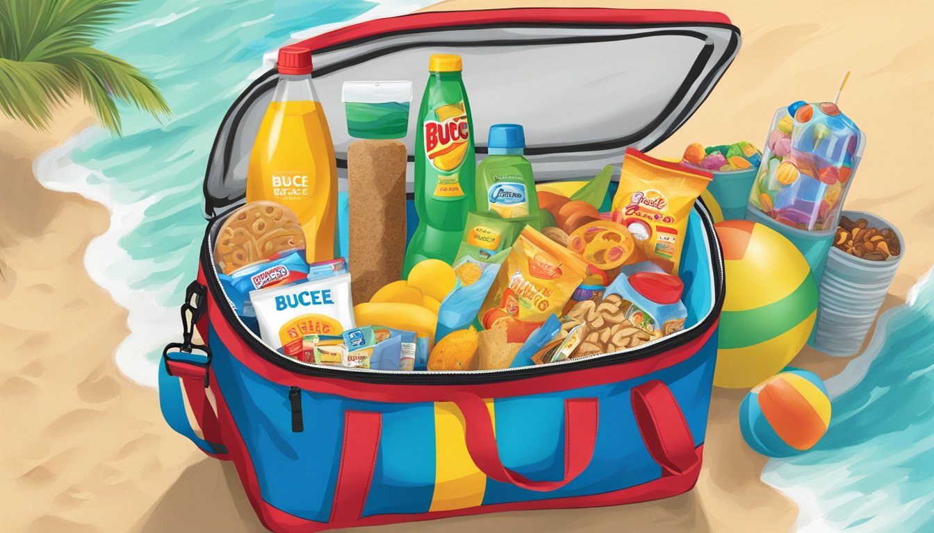 A colorful beach scene with a Buc-ee's travel cooler bag filled with 13 items such as snacks, sunscreen, towels, and beach toys