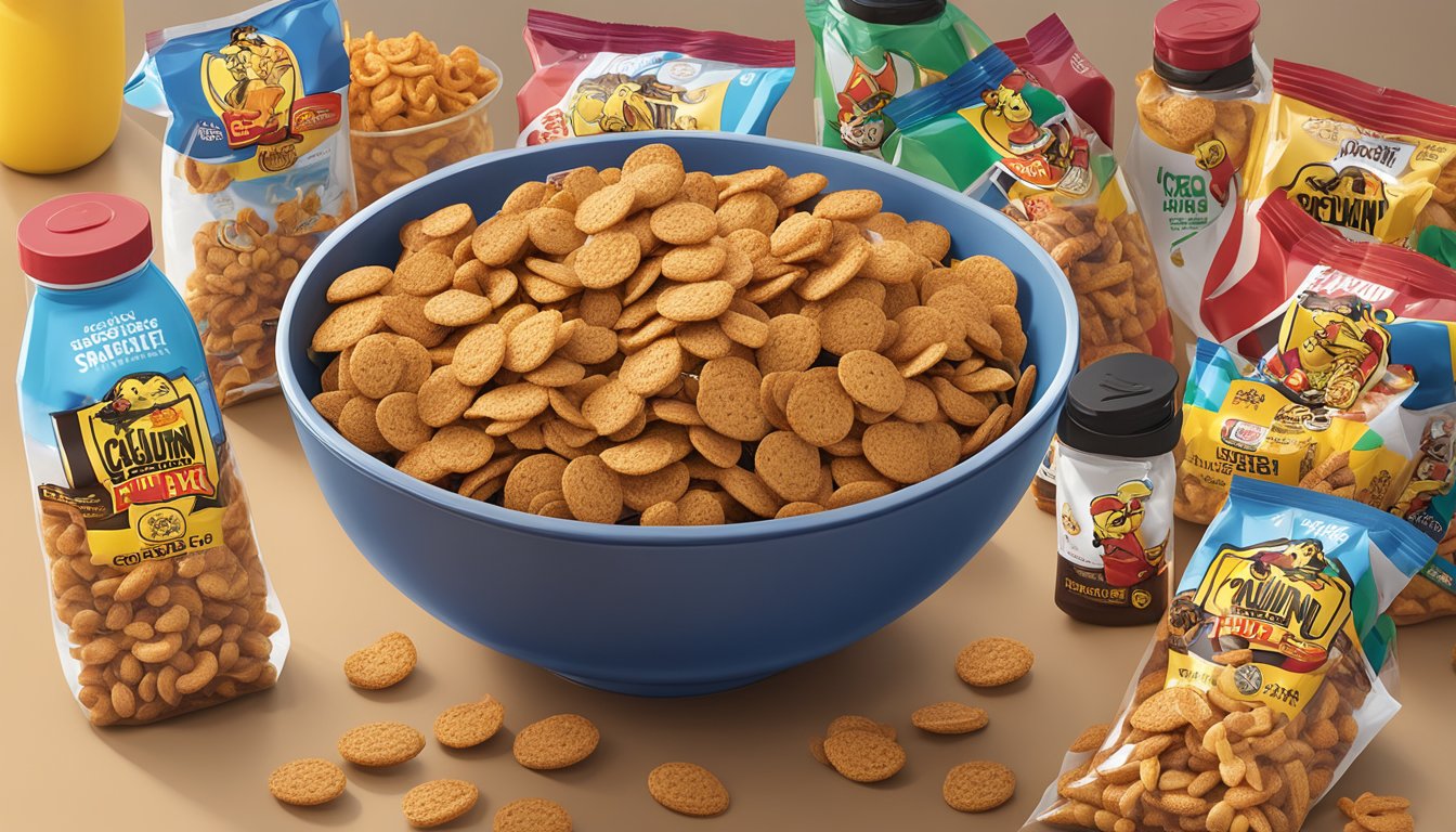 A bowl of Cajun spiced snack mix surrounded by 15 Buc-ee's snack packages, with a water bottle and workout gear in the background