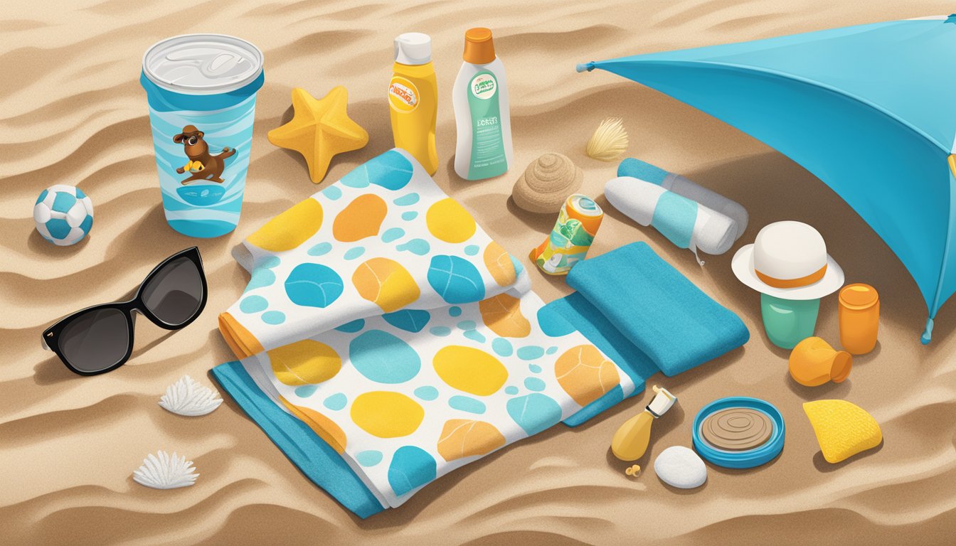 A beach scene with Buc-ee's tumbler, sunscreen, towels, and other beach essentials laid out on the sand