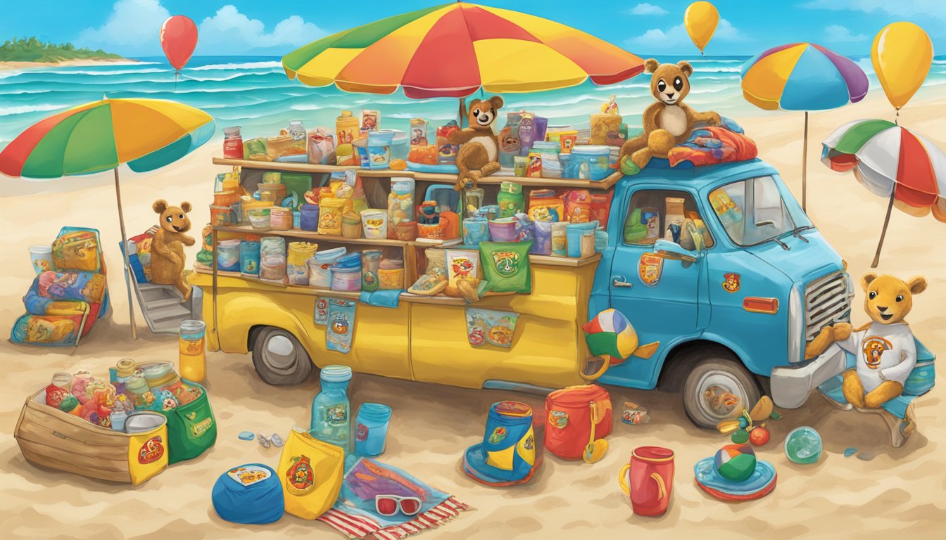 A beach scene with a colorful Buc-ee's swim trunks blanket surrounded by 13 different Buc-ee's items, ready for a day of fun in the sun