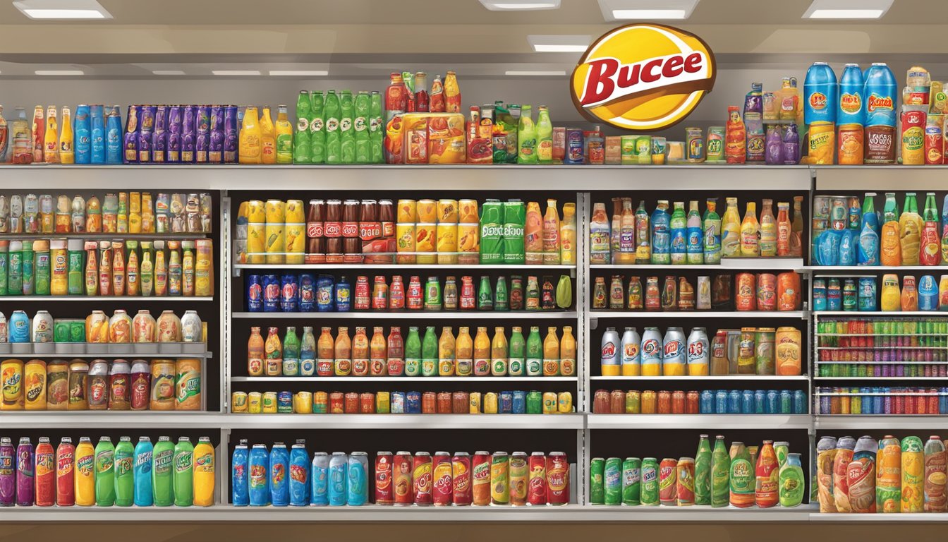 A colorful array of beverages displayed on shelves, including sodas, coffees, and energy drinks, with Buc-ee's logo prominently featured