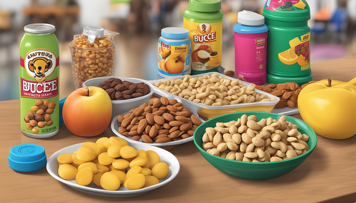 A colorful array of Buc-ee's snacks, including nuts, protein bars, and fruit, laid out on a table with a water bottle and workout equipment in the background