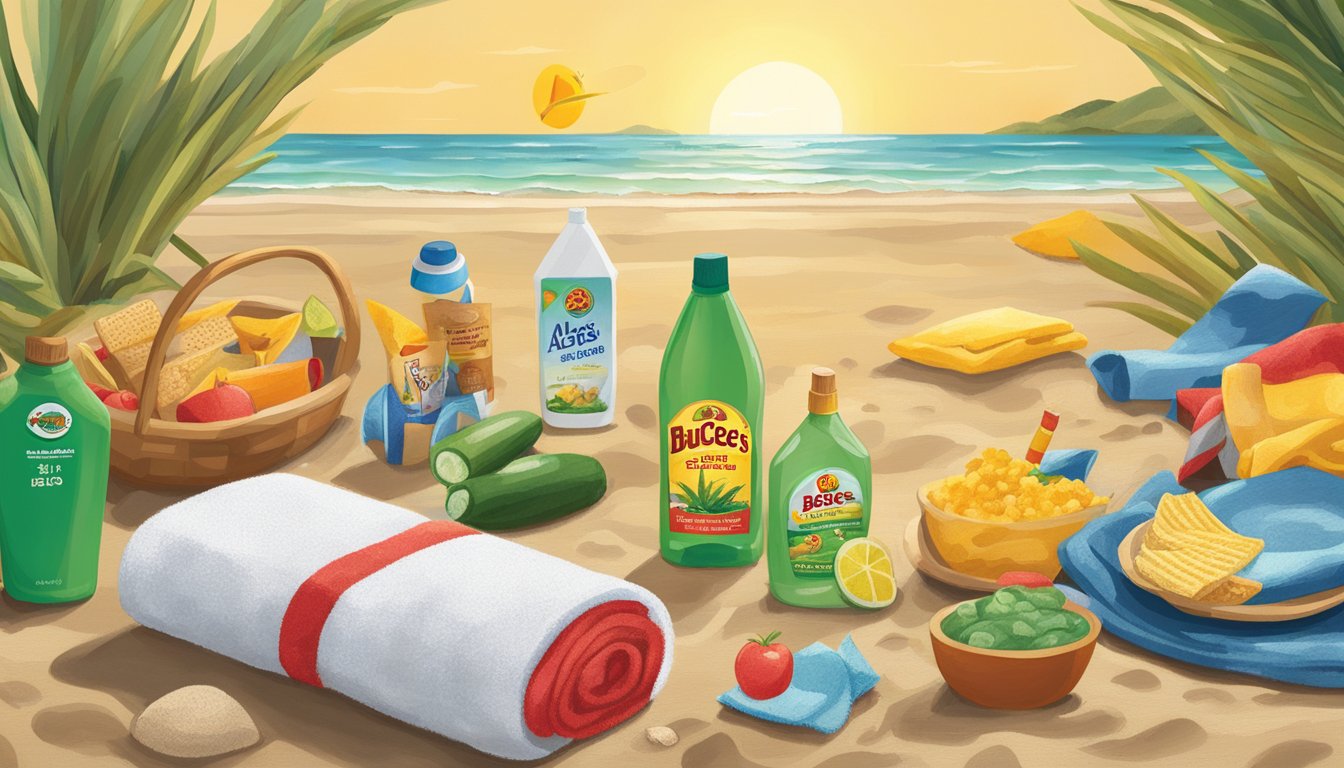 A beach scene with a bottle of Buc-ee's After Sun Aloe Vera Gel and 13 Buc-ee's items scattered around, including towels, sunscreen, and snacks