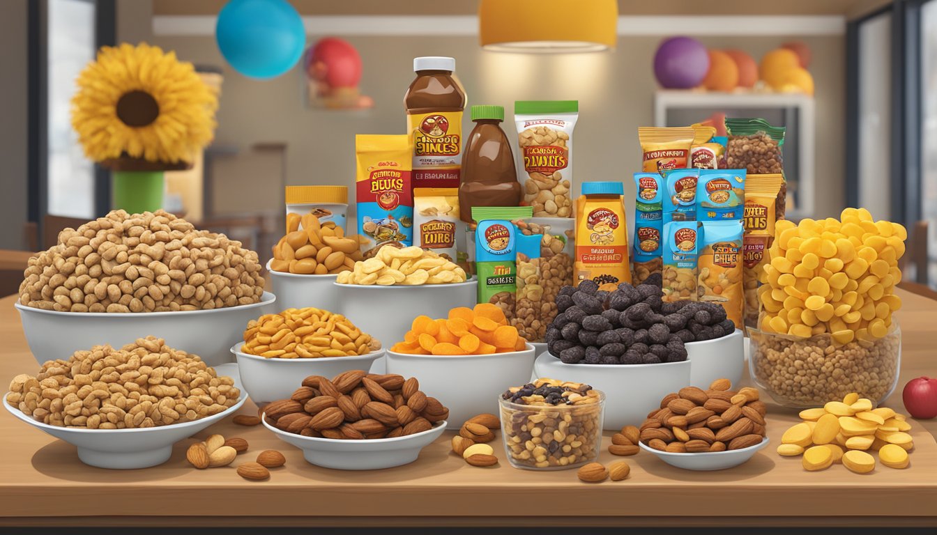 A colorful display of Buc-ee's snacks arranged on a table, including nuts, dried fruit, and protein bars, with a backdrop of fitness equipment