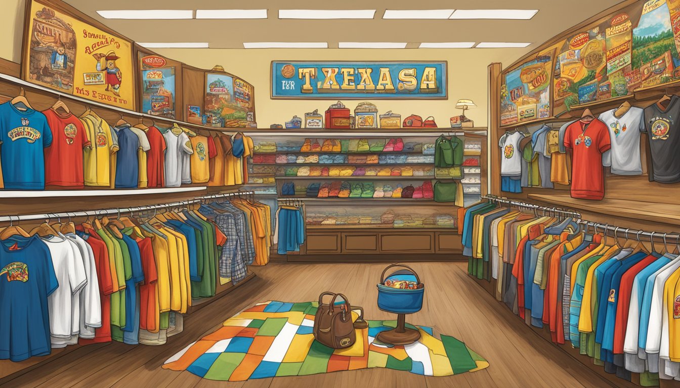 A colorful display of Texas-themed clothing and accessories with a prominent sign listing "19 Reasons Why Buc-ee's is Better Than Your Average Rest Stop."