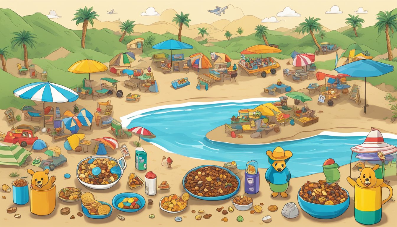 A beach scene with a colorful Buc-ee's Trail Mix Adventure Pack surrounded by 13 Buc-ee's items, including snacks, sunscreen, and beach toys