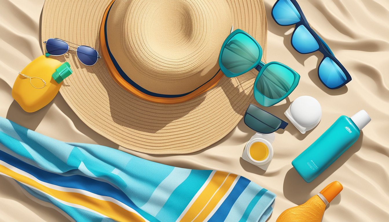 A colorful beach hat sits on top of a beach towel surrounded by sunscreen, sunglasses, and other beach essentials