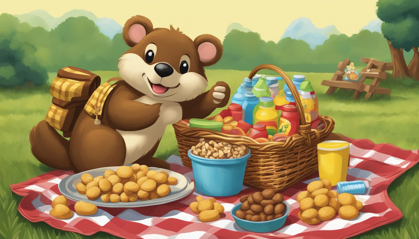 A picnic scene with a basket filled with Buc-ee's Beaver Nuggets and other Buc-ee's items, set on a checkered blanket in a grassy park