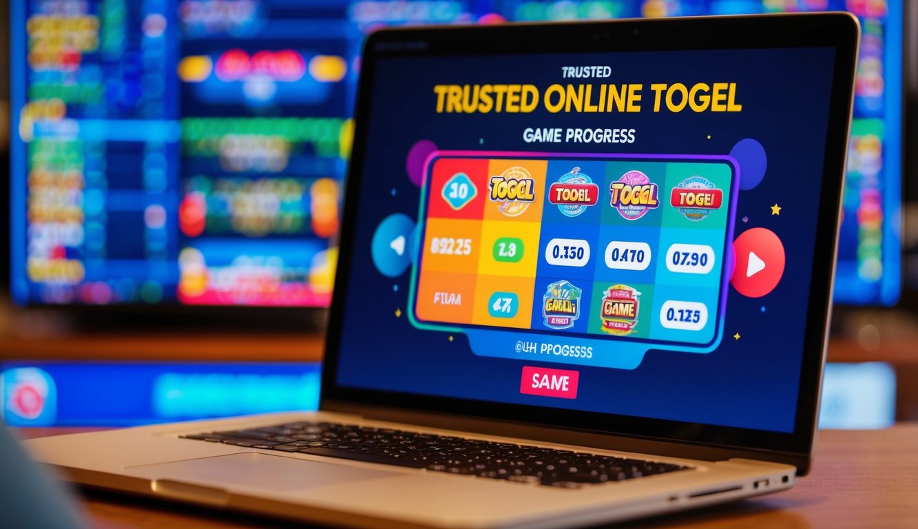 Sebuah layar digital yang berwarna-warni dan cerah menampilkan permainan togel online terpercaya yang sedang berlangsung