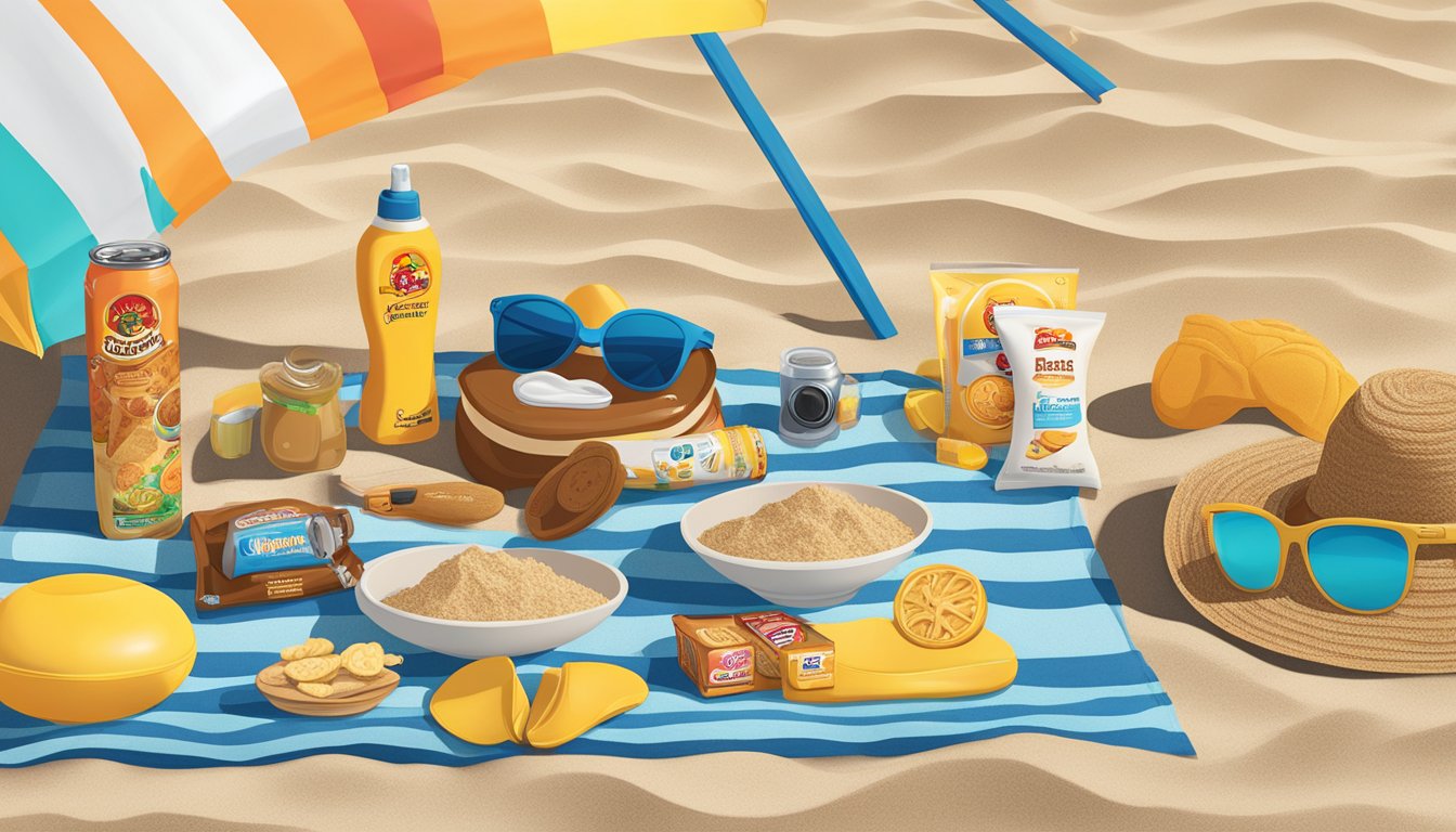 A beach scene with Buc-ee's Electric Travel Fan among 13 beach items, such as sunscreen, towels, and snacks, laid out on sand