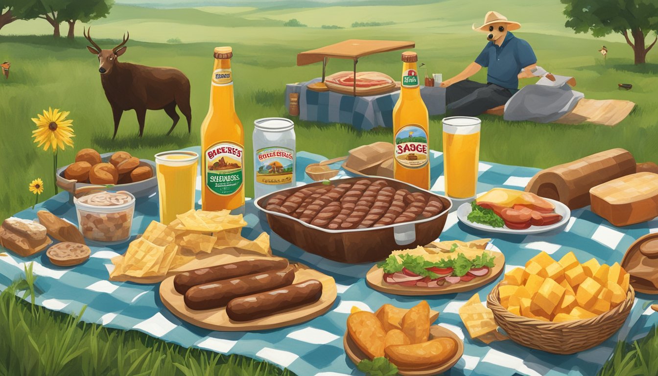 A picnic scene with a checkered blanket spread out on green grass, surrounded by Buc-ee's Hill Country Sausage, drinks, and other picnic items