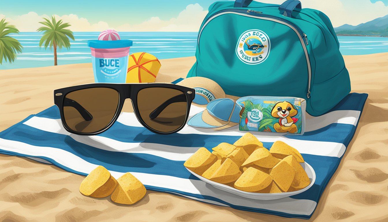 A pair of Buc-ee's sunglasses with UV protection lying on a sandy beach towel next to a beach bag filled with 13 Buc-ee's items for a day at the beach