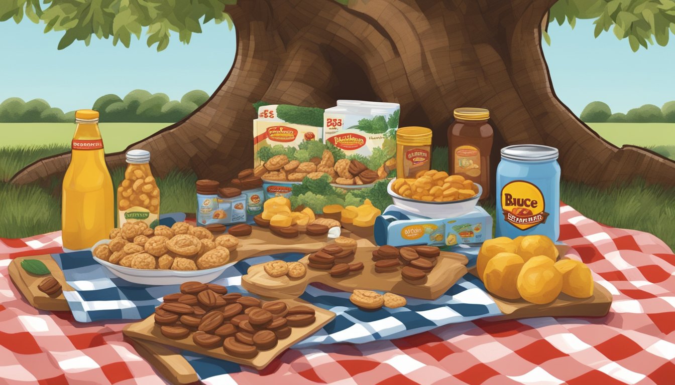 A picnic spread with Buc-ee's Pecan Pralines and other items on a checkered blanket under a shady tree