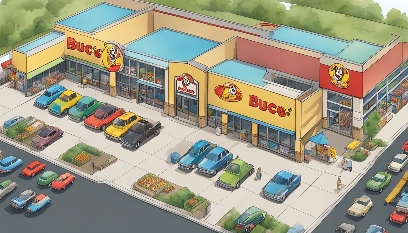 A bustling Buc-ee's store with colorful pet supplies, snacks, and merchandise, surrounded by clean restrooms and a spacious parking lot