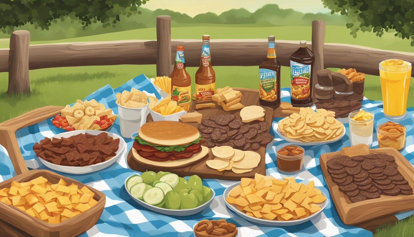 A picnic blanket spread with a variety of Buc-ee's jerky, surrounded by snacks and drinks, set against a backdrop of a sunny outdoor picnic area