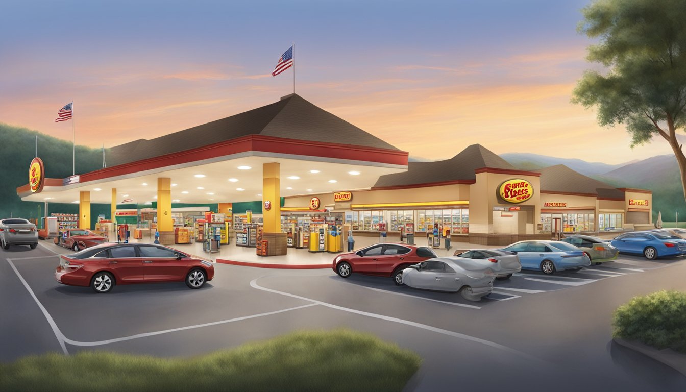 A bustling Buc-ee's rest stop with fuel pumps, a large convenience store, clean restrooms, and a variety of travel gear on display