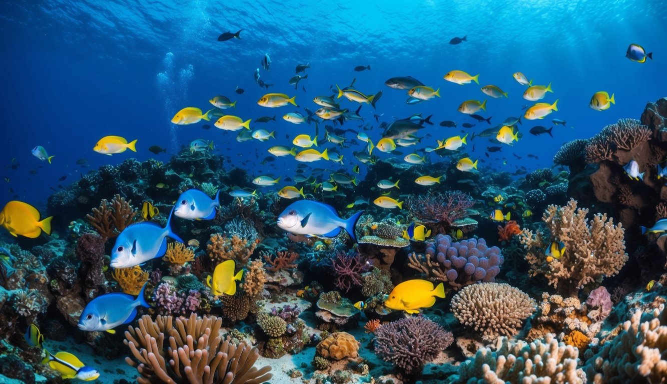 Sebuah dunia bawah laut yang ramai dengan ikan berwarna-warni, terumbu karang, dan berbagai makhluk laut