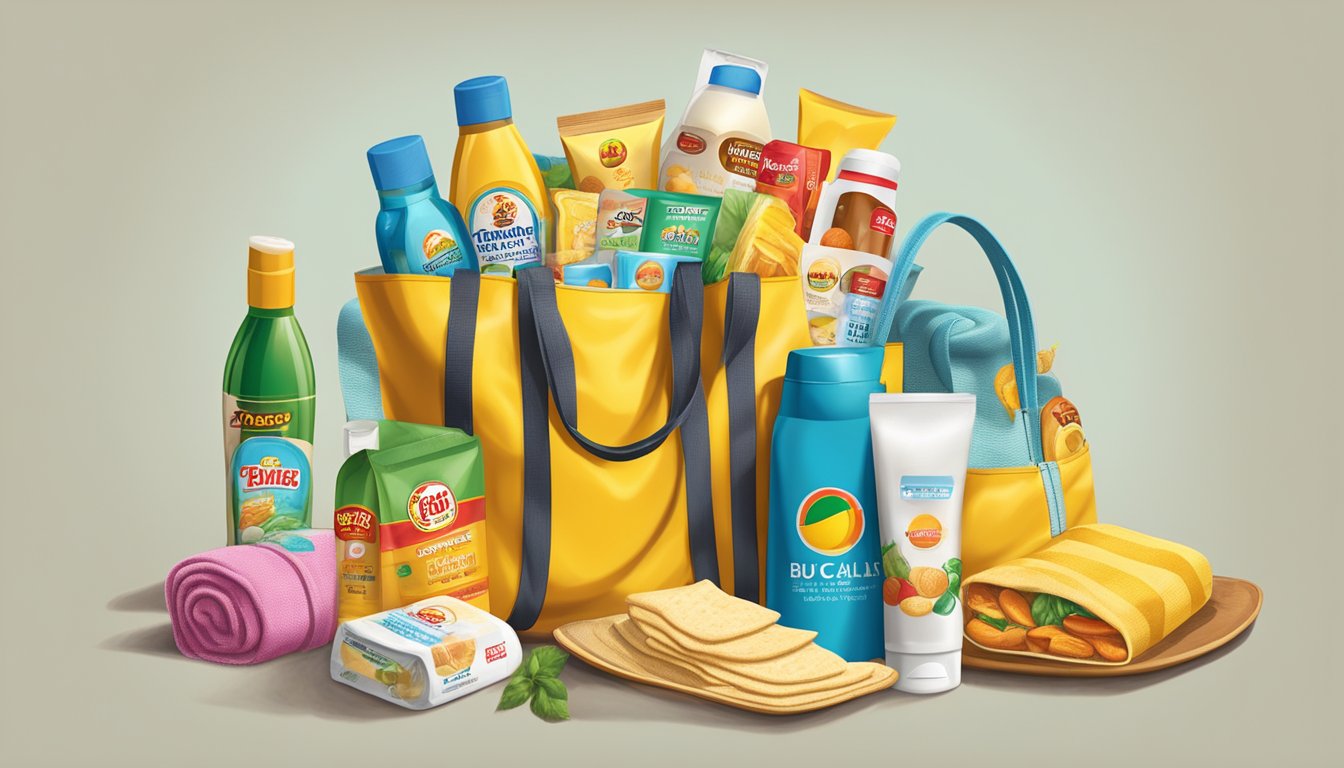 A beach bag packed with sunscreen, towels, snacks, drinks, and other beach essentials from Buc-ee's