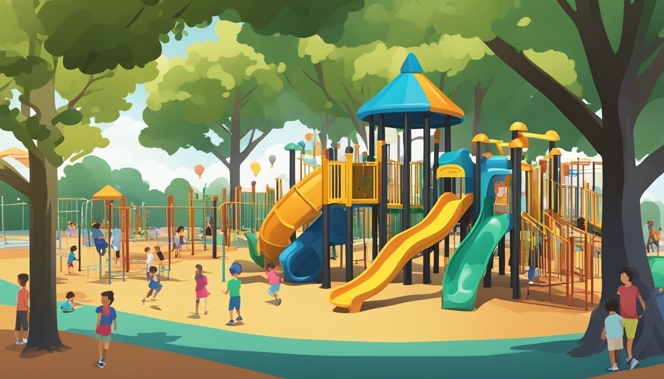 A colorful, bustling playground with slides, swings, and climbing structures, surrounded by picnic tables and shaded by large trees