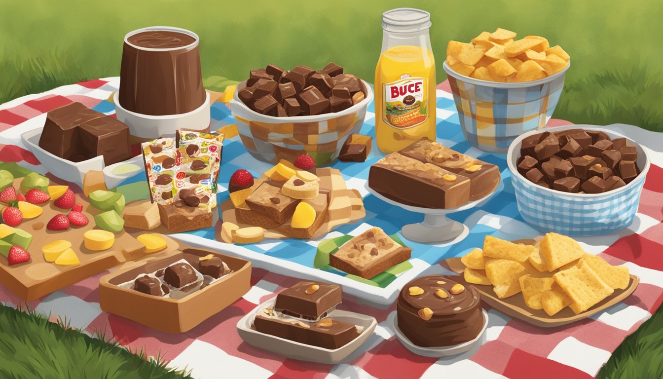 A colorful picnic spread with Buc-ee's fudge sampler and 11 items arranged on a checkered blanket in a grassy park setting