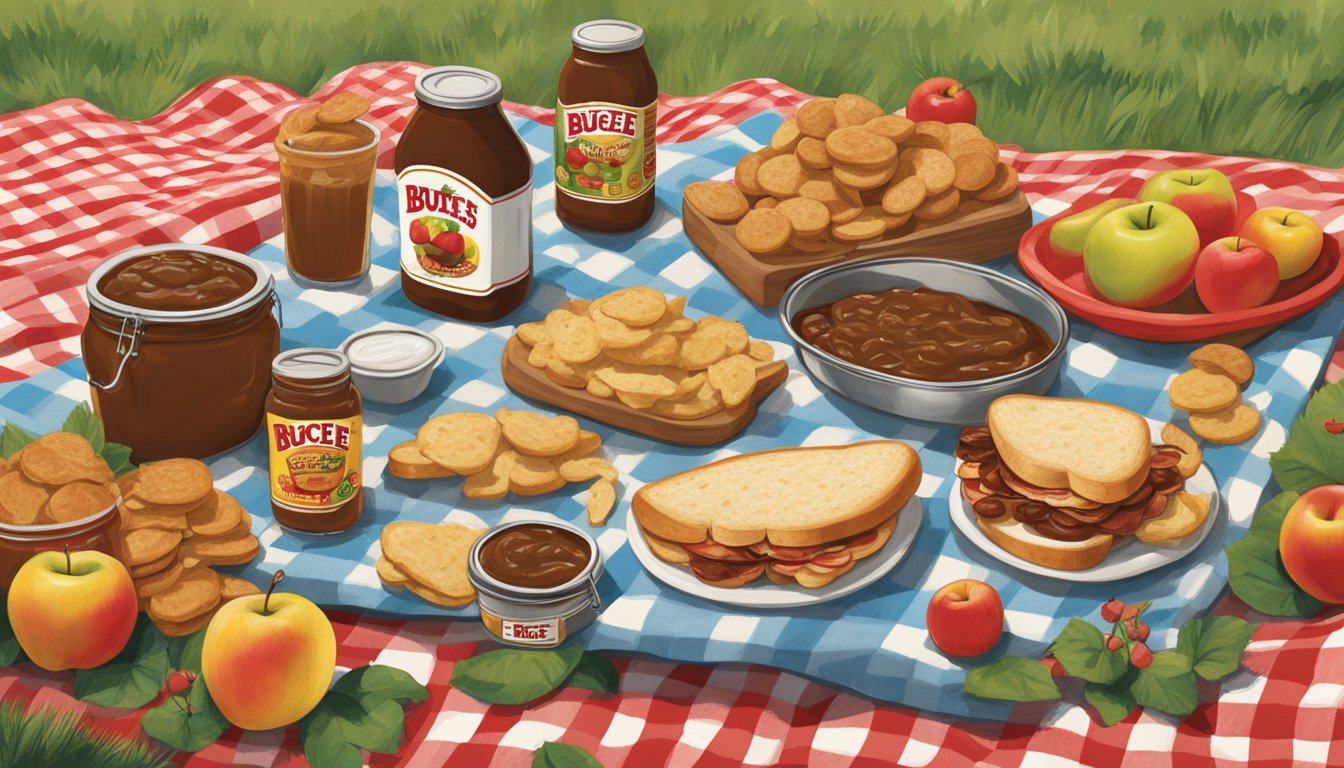 A picnic scene with a spread of Buc-ee's Apple Butter and 10 other Buc-ee's items laid out on a checkered blanket