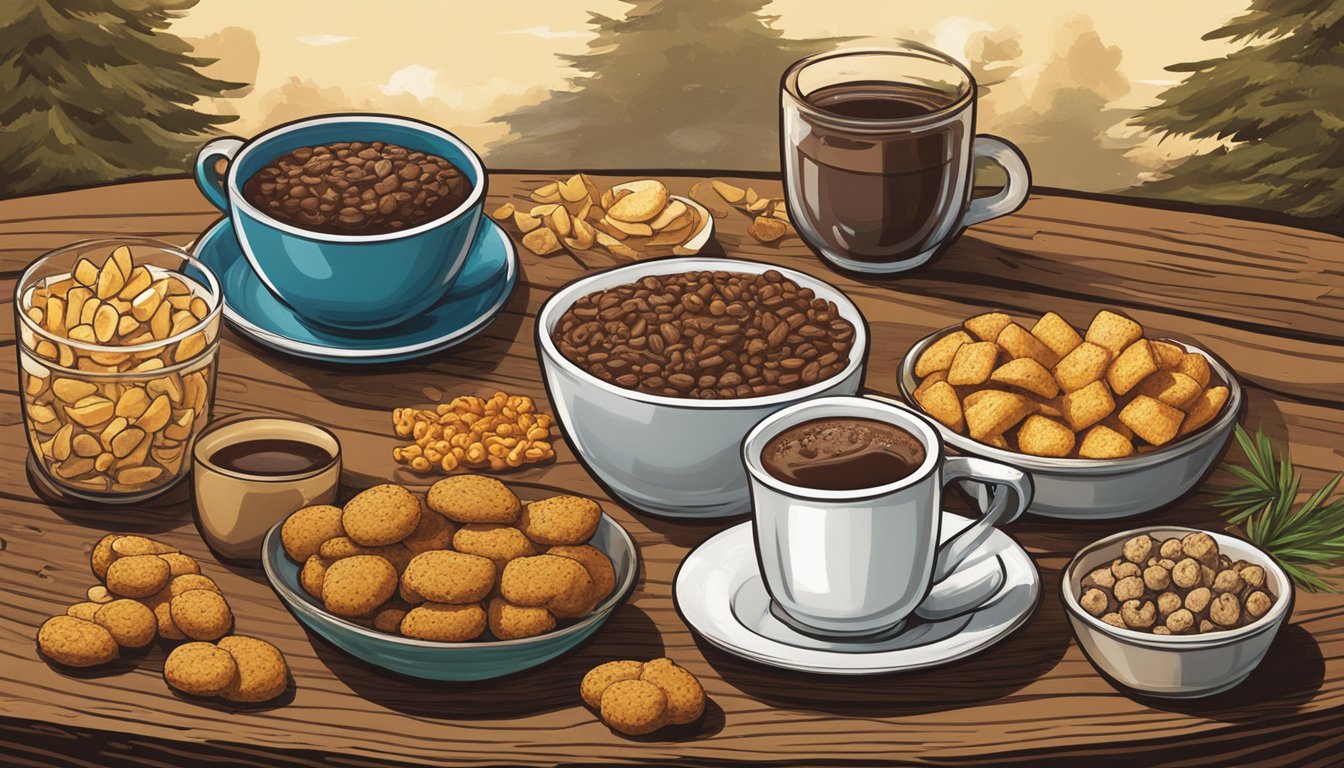 A steaming cup of coffee surrounded by a variety of Buc-ee's snacks, including Beaver Nuggets, on a rustic wooden table