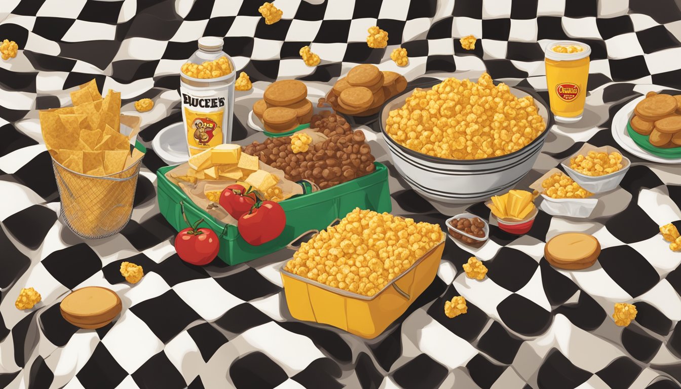 A picnic scene with Buc-ee's Cheddar Cheese Popcorn and 10 other Buc-ee's items spread out on a checkered blanket