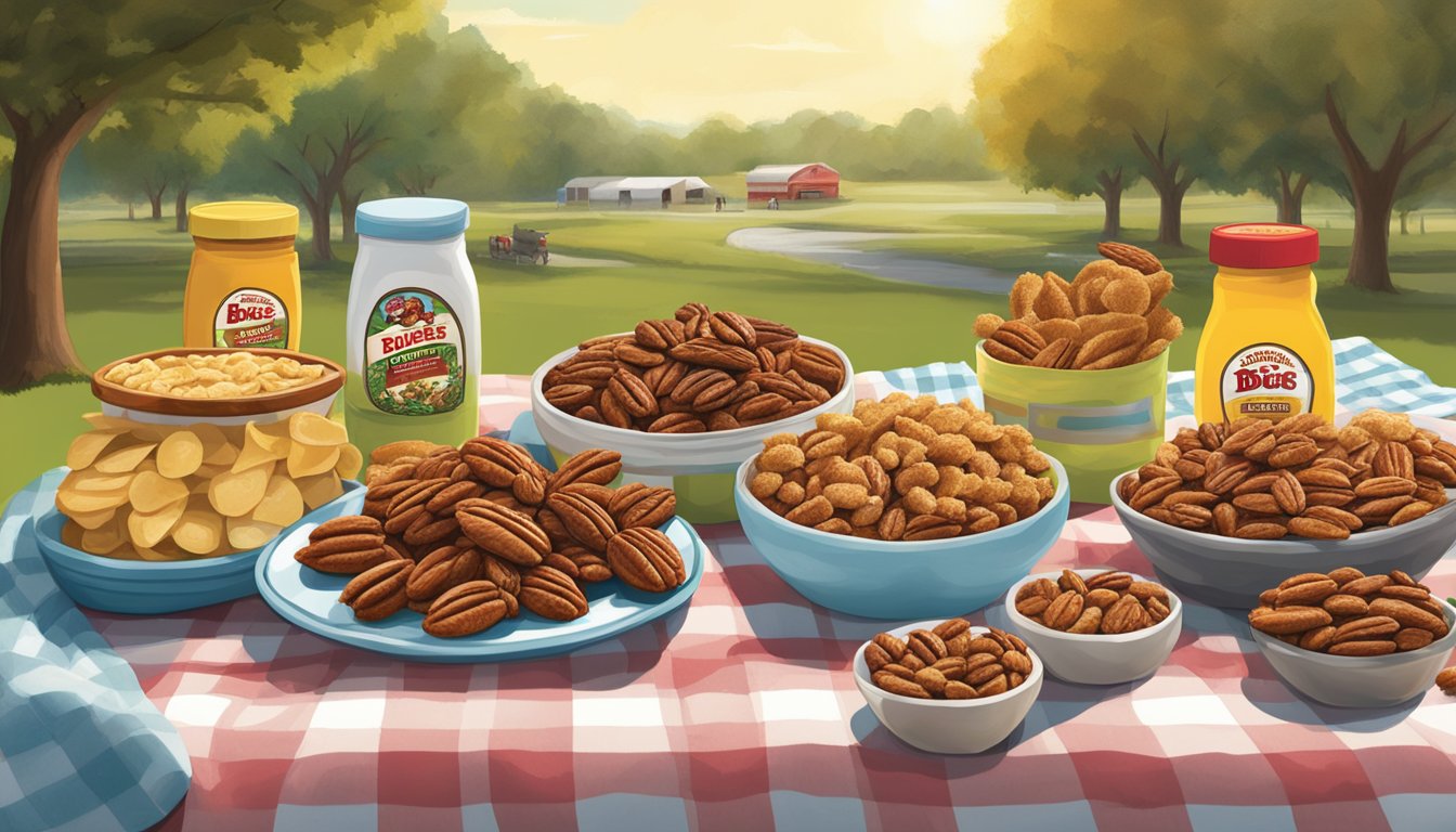 A picnic blanket spread with Buc-ee's Cinnamon Glazed Pecans, along with other Buc-ee's items, set against a backdrop of a sunny park