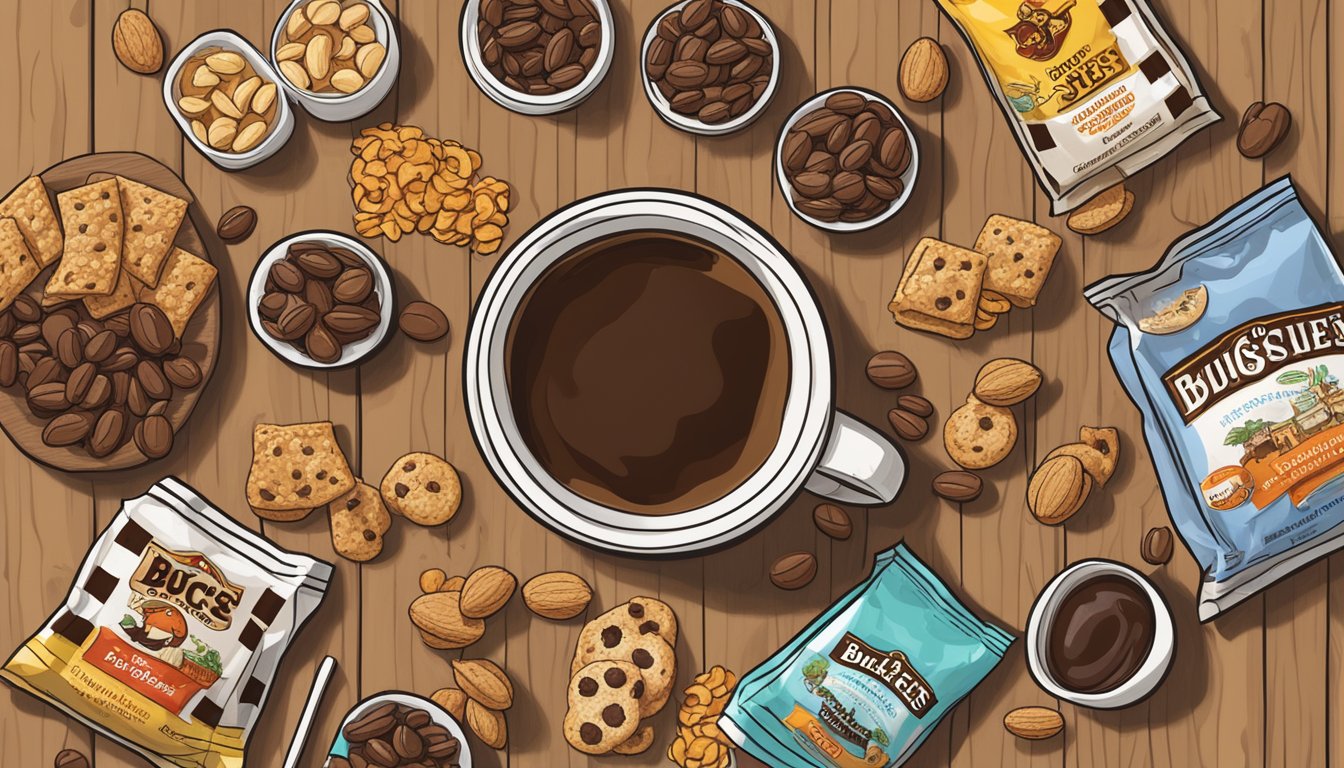 A steaming cup of coffee surrounded by a variety of Buc-ee's snacks, including dark chocolate almonds, on a wooden table