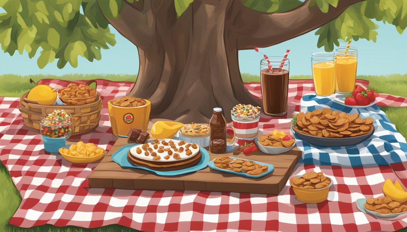 A picnic spread with Buc-ee's Chocolate Bark, drinks, and snacks on a checkered blanket under a shady tree