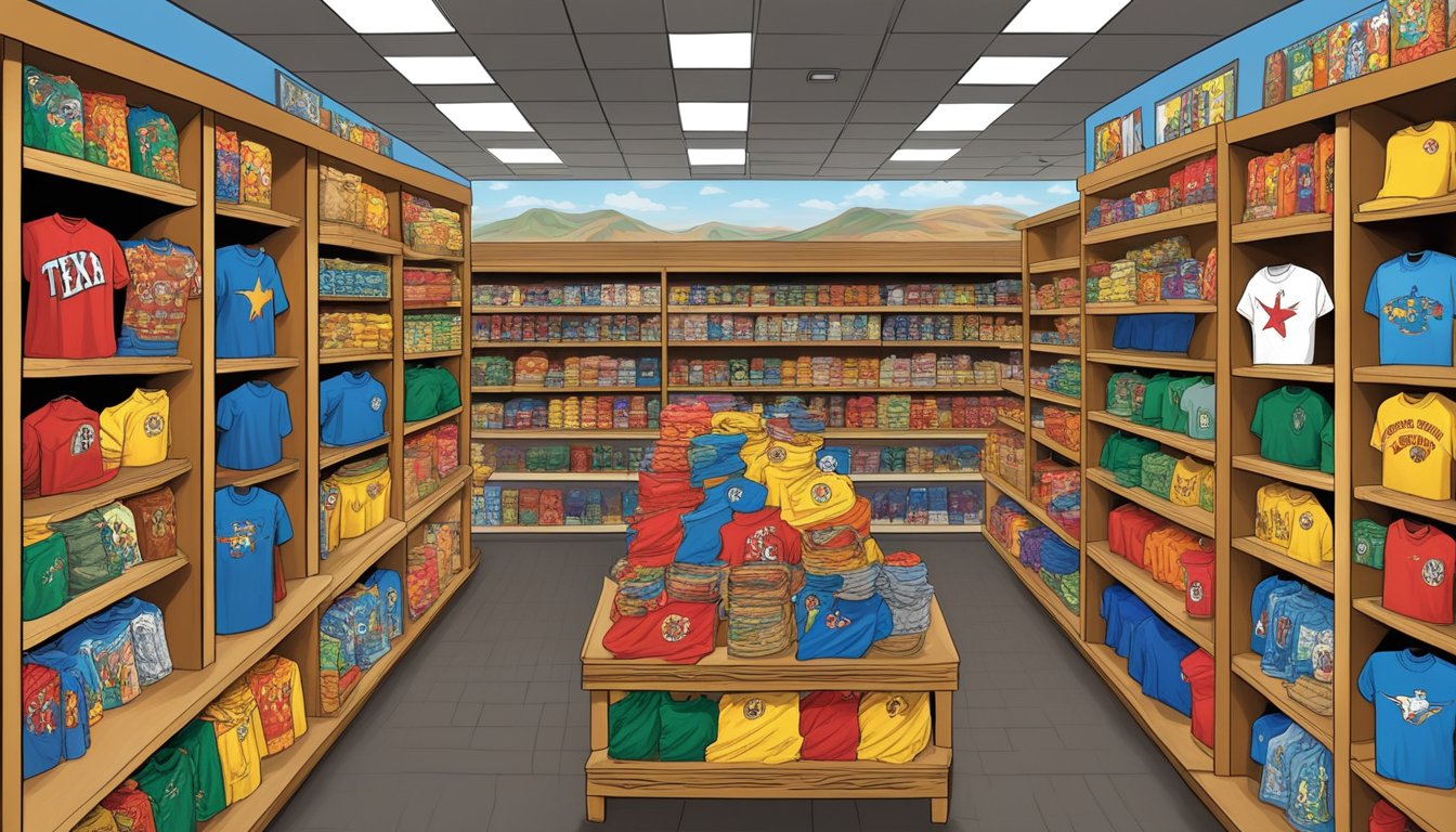 A colorful display of Texas-themed t-shirts at a Buc-ee's store, surrounded by shelves of unique merchandise