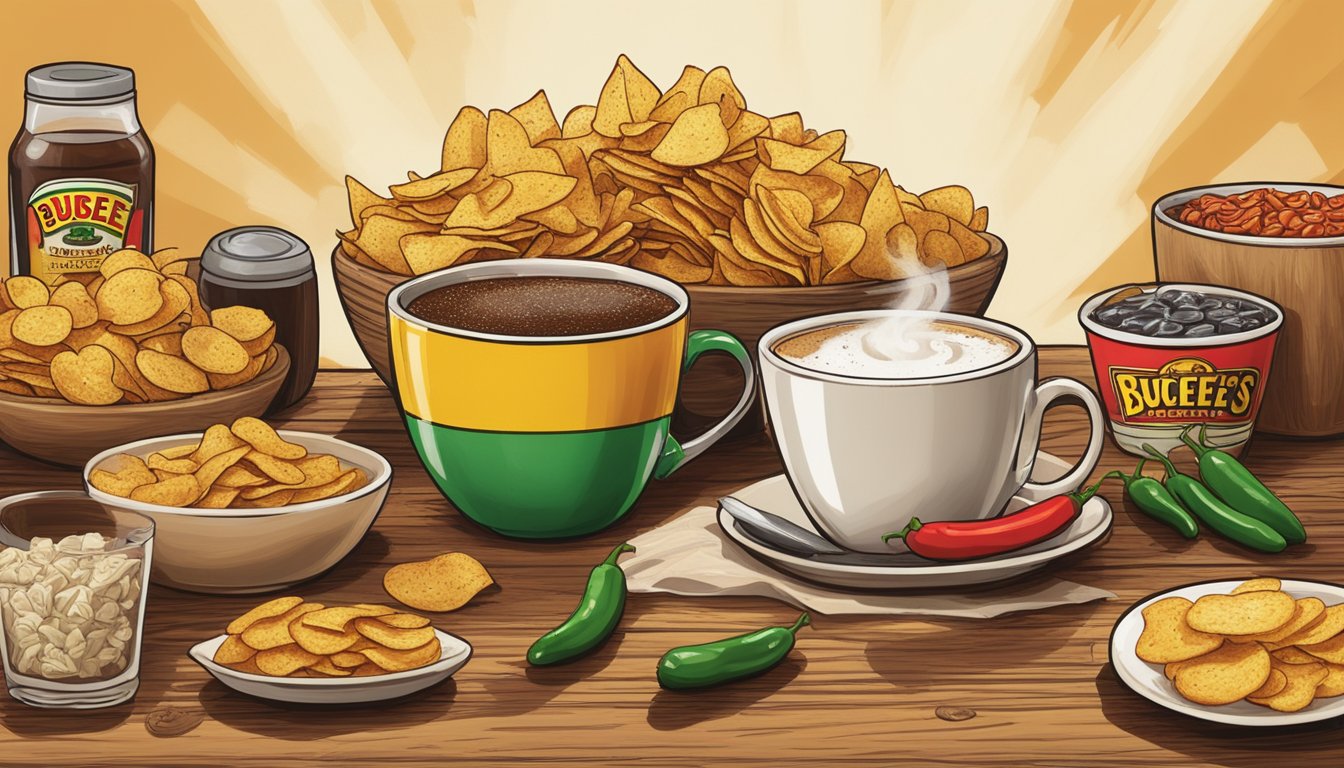 A steaming cup of coffee sits next to a pile of spicy jalapeño chips, surrounded by other Buc-ee's snacks on a wooden table