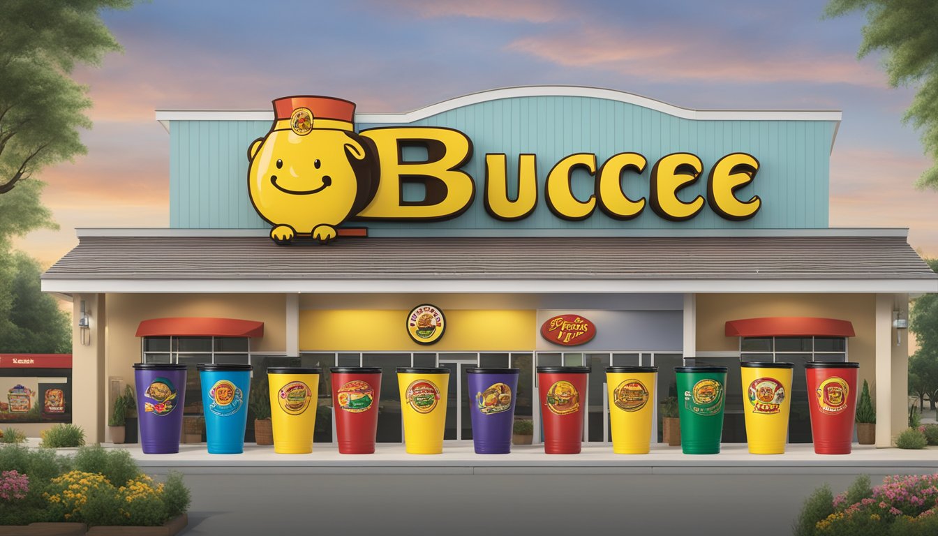 Seven branded tumblers arranged in front of iconic Buc-ee's merchandise from seven different locations. Each tumbler features a unique design representing the store's location