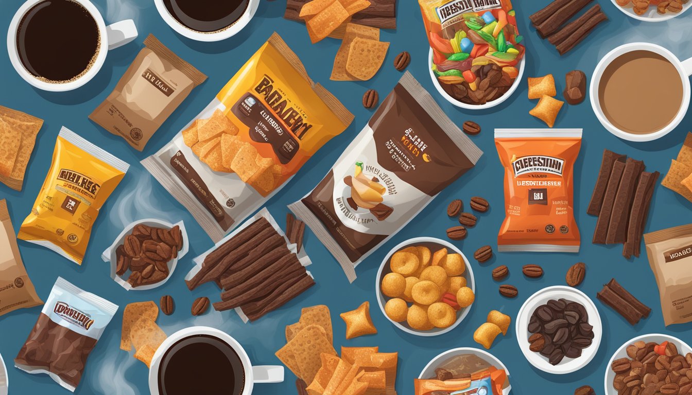 A variety of beef jerky packs and assorted snacks arranged next to a steaming cup of coffee