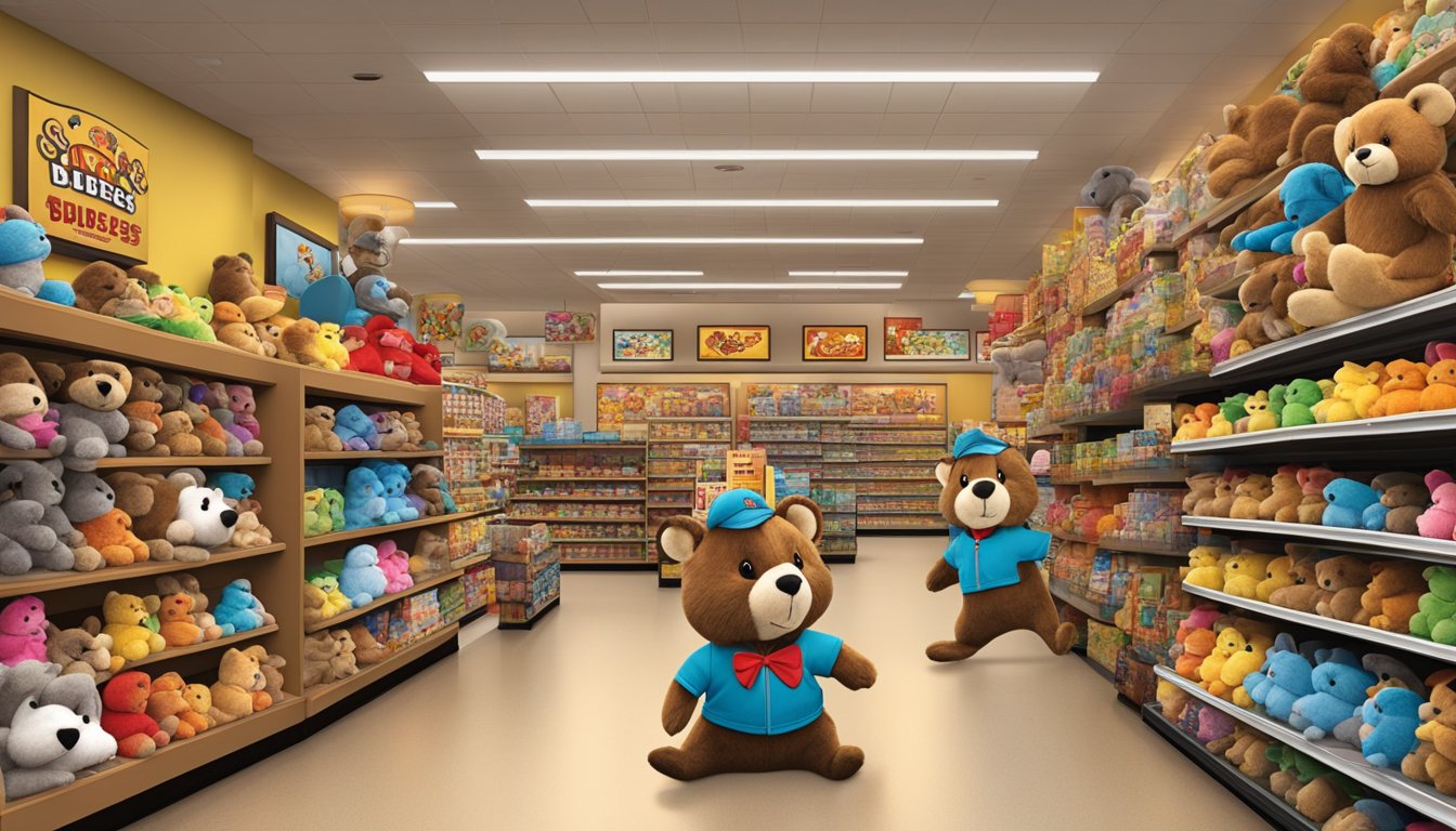 A display of beaver plush toys in a Buc-ee's store surrounded by shelves of unique merchandise