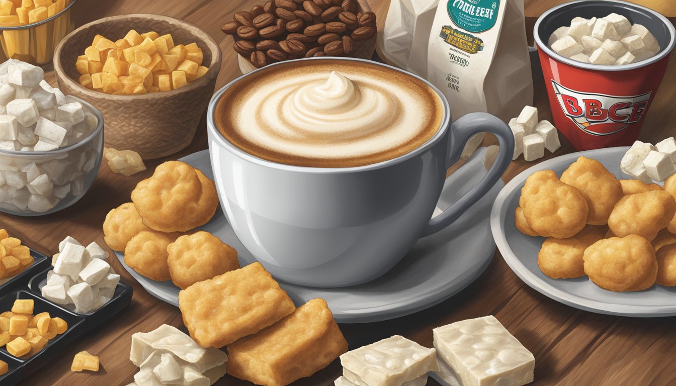 A steaming cup of coffee sits next to a pile of white cheddar cheese curds, surrounded by various Buc-ee's snacks