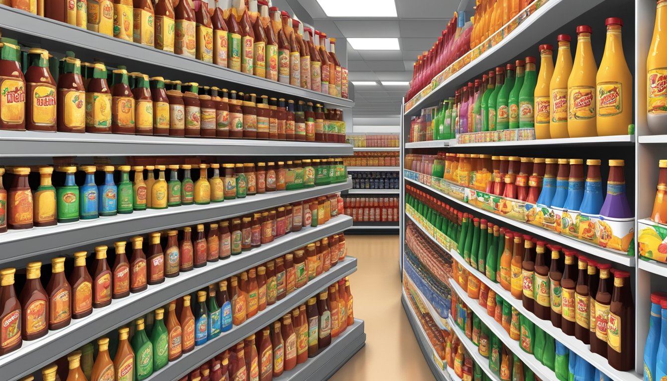 A row of colorful BBQ sauce bottles on display at a Buc-ee's store, surrounded by shelves filled with unique merchandise