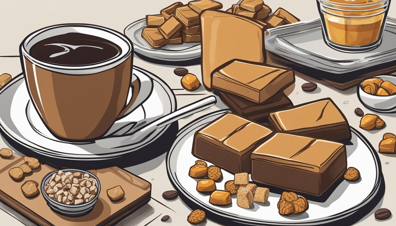 A steaming cup of coffee next to a plate of sea salt caramel fudge, surrounded by various Buc-ee's snacks