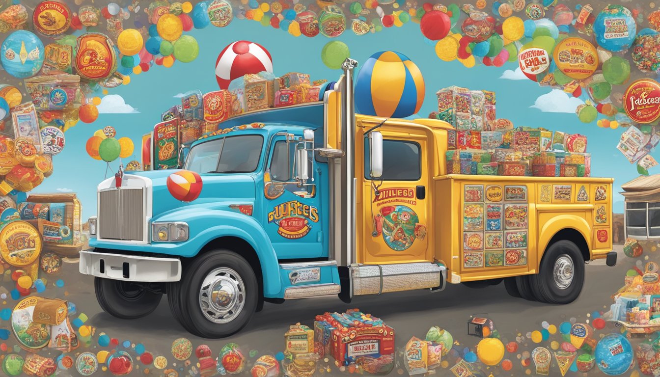 A colorful truck adorned with stickers of 7 Buc-ee's locations, each featuring unique merchandise and iconic symbols