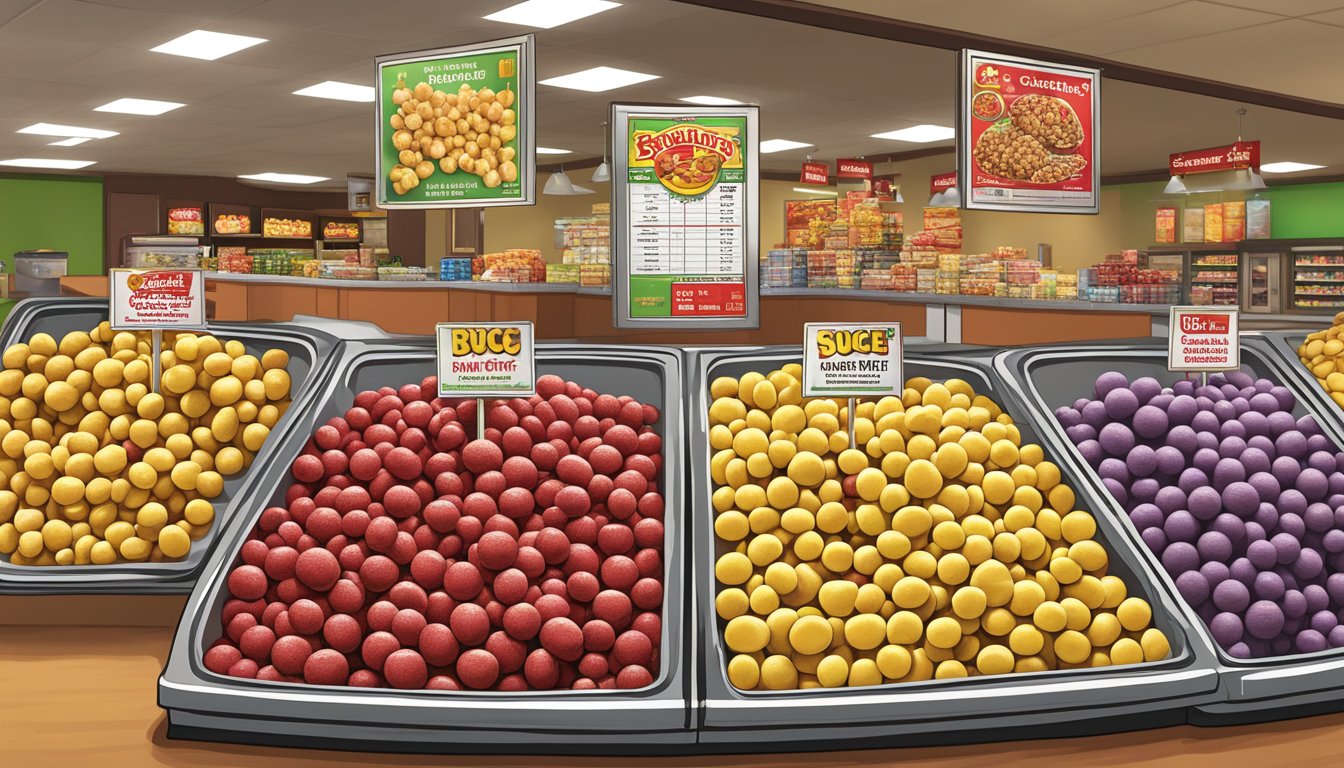 A large display of Buc-ee's Sour Cherry Balls among other snacks, with a sign ranking them by sugar content