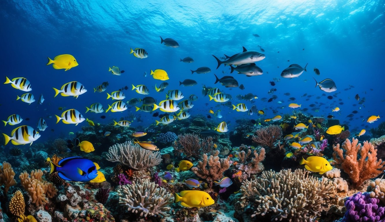 Dunia bawah laut yang ramai dengan ikan berwarna-warni, terumbu karang, dan berbagai makhluk laut