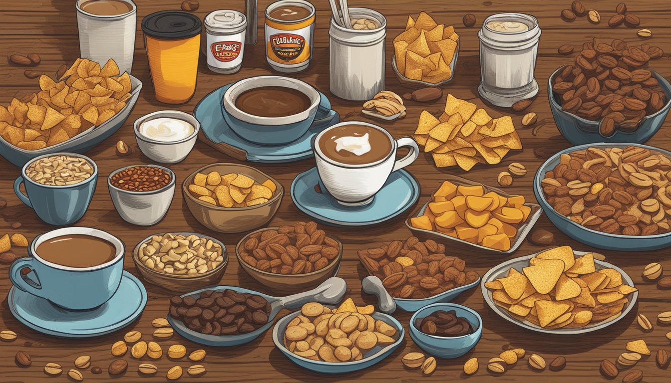 A steaming cup of coffee surrounded by an array of Buc-ee's snacks, including jerky, nuts, and chips, arranged on a wooden table