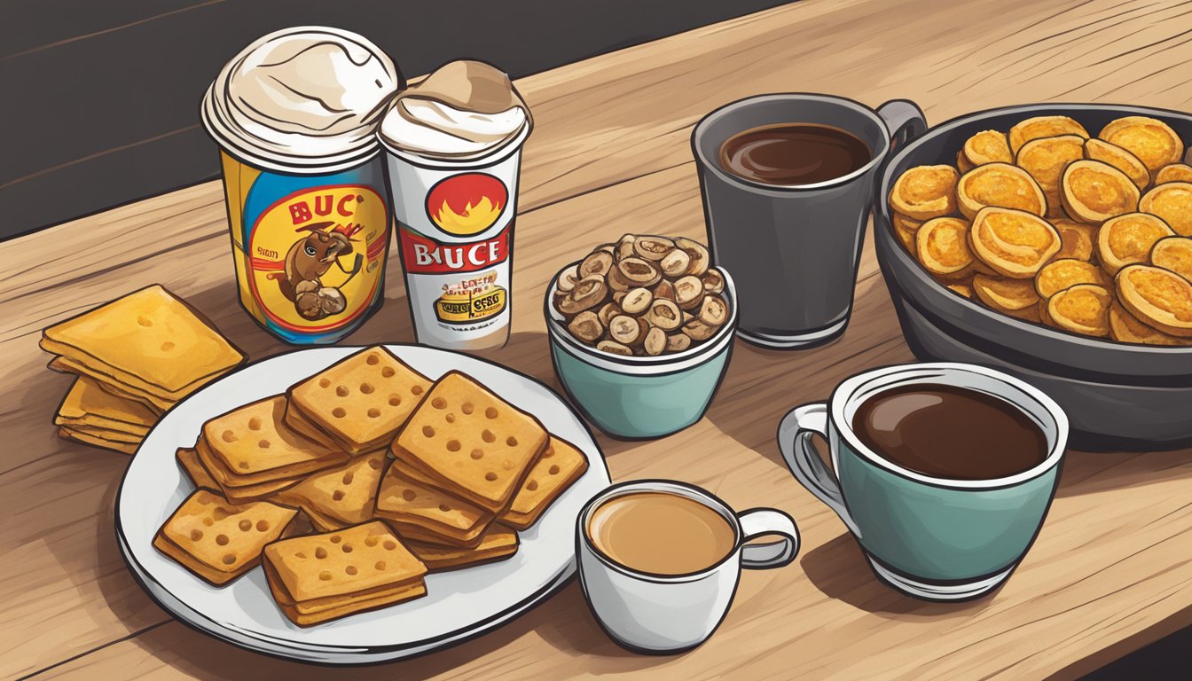 A table with a variety of Buc-ee's snacks laid out next to a steaming cup of coffee