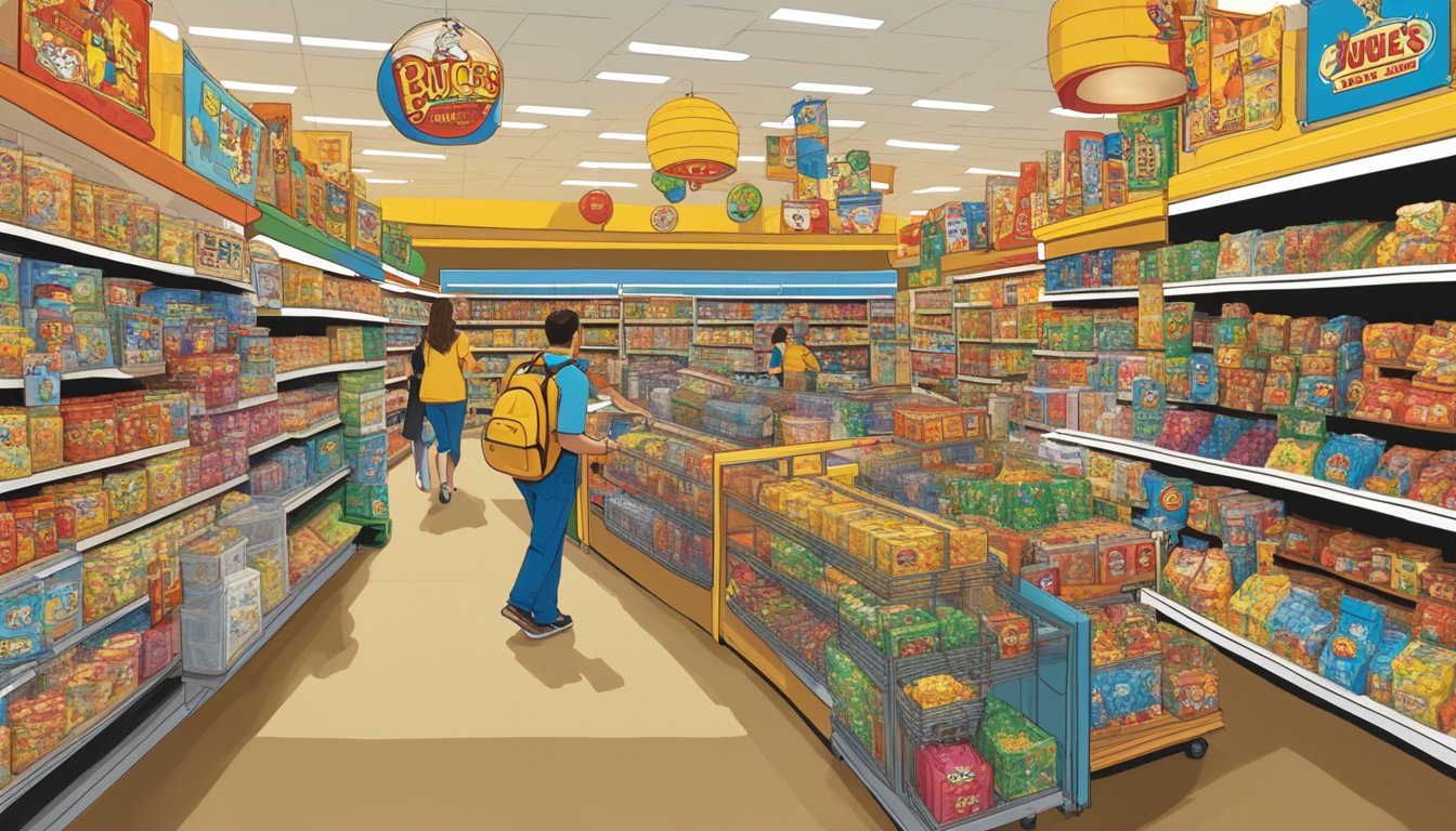 Customers browsing through shelves of unique merchandise at Buc-ee's, including Texas-themed souvenirs, snacks, and apparel. The store is bustling with activity and colorful displays