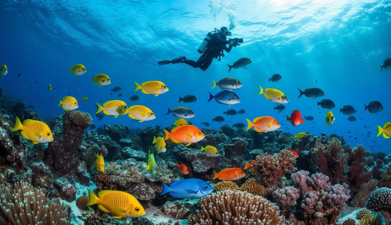 Dunia bawah laut yang ramai dengan ikan berwarna-warni dan aksi tembak yang dinamis