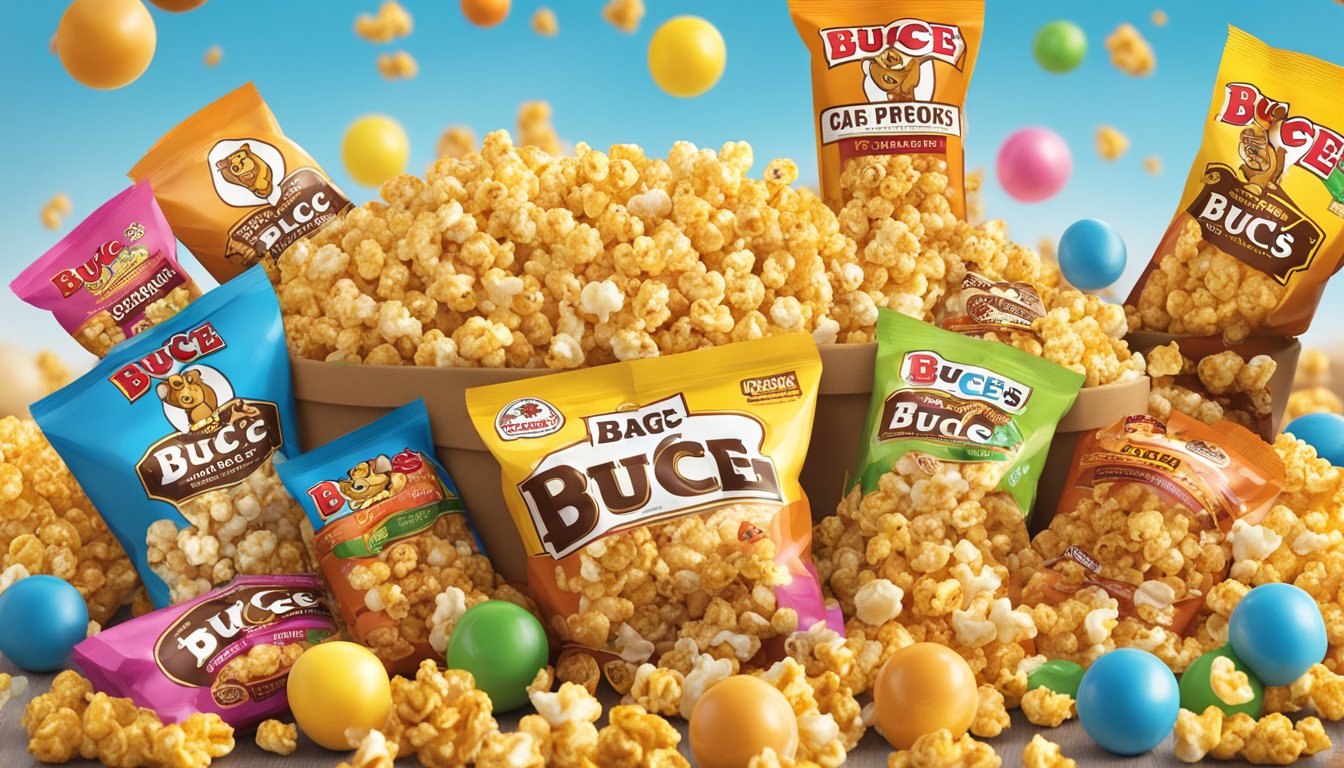 A large bag of Buc-ee's Caramel Popcorn surrounded by various other Buc-ee's snacks, with a clear focus on the popcorn